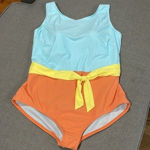 Lands End One Piece Swimsuit Light Turquoise Orange with Yellow Waist Tie bow